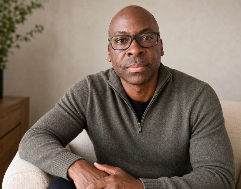 Sammie Cooper seated in a gray quarter-zip sweater